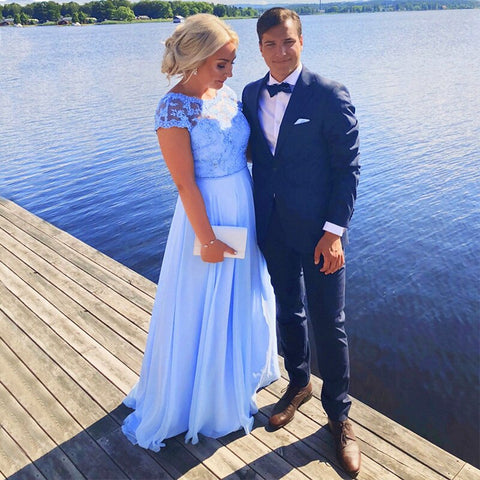 Robe de soirée bleue simple et élégante en mousseline de soie, sans manches, sans retour, sans remboursement, 2025, photo réelle HA2177 