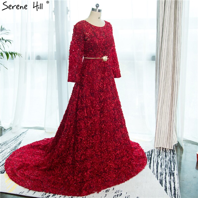 On Sale no return no refundSale New Style Wine Red O-Neck Tulle Evening Dress Long Sleeve Small Flowers Fashion Evening Gowns 2025 Vestido De Festa HA2140