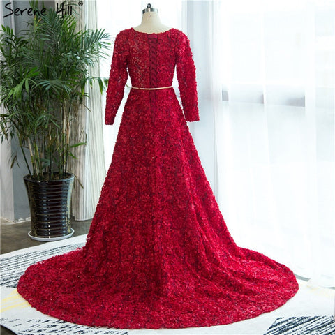 Robe de soirée rouge vin à col rond et manches longues en tulle, style vintage, avec petites fleurs, à la mode, 2025, HA2140 