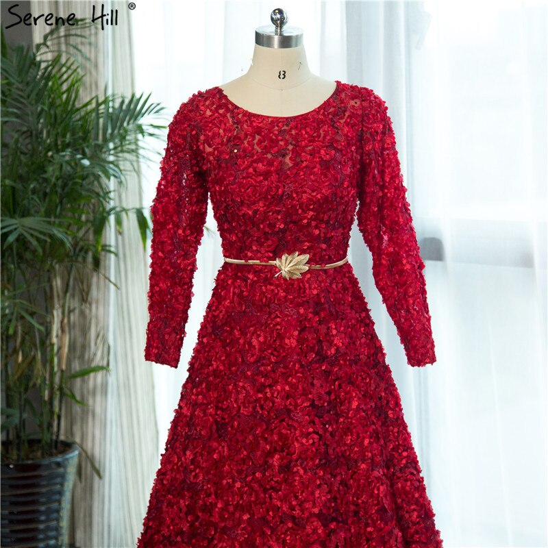 On Sale no return no refundSale New Style Wine Red O-Neck Tulle Evening Dress Long Sleeve Small Flowers Fashion Evening Gowns 2025 Vestido De Festa HA2140