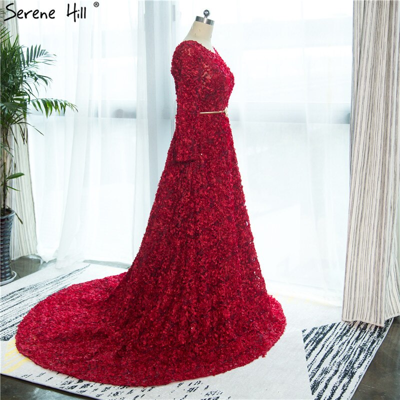 On Sale no return no refundSale New Style Wine Red O-Neck Tulle Evening Dress Long Sleeve Small Flowers Fashion Evening Gowns 2025 Vestido De Festa HA2140