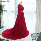 On Sale no return no refundSale New Style Wine Red O-Neck Tulle Evening Dress Long Sleeve Small Flowers Fashion Evening Gowns 2025 Vestido De Festa HA2140