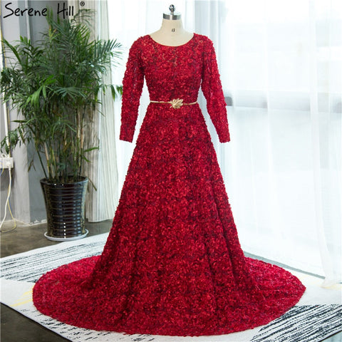 Robe de soirée rouge vin à col rond et manches longues en tulle, style vintage, avec petites fleurs, à la mode, 2025, HA2140 