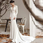 New White V-neck Mermaid Lace Real Photo 2023 Satin Wedding Dress Korean Style Zipper 웨딩 드레스 Wedding Gowns