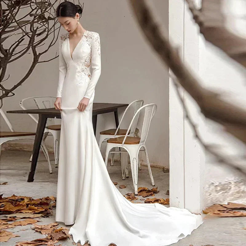 New White V-neck Mermaid Lace Real Photo 2023 Satin Wedding Dress Korean Style Zipper 웨딩 드레스 Wedding Gowns