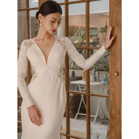 New White V-neck Mermaid Lace Real Photo 2023 Satin Wedding Dress Korean Style Zipper 웨딩 드레스 Wedding Gowns