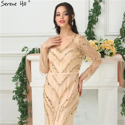 Newest Designer Gold V-Neck Evening Dresses 2025 Mermaid Long Sleeves Tassel Beading Fashion Evening Gowns LA6631
