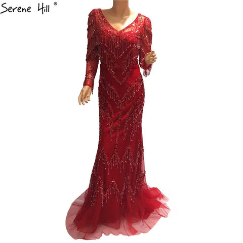 Newest Designer Gold V-Neck Evening Dresses 2025 Mermaid Long Sleeves Tassel Beading Fashion Evening Gowns LA6631