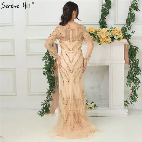 Newest Designer Gold V-Neck Evening Dresses 2025 Mermaid Long Sleeves Tassel Beading Fashion Evening Gowns LA6631
