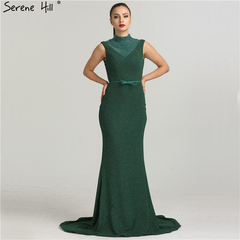 On Sale no return no refundSale Newest Designer Green Glitter Evening Dresses Fashion High Collar Sleeveless Mermaid Evening Gowns 2025 New LA6433