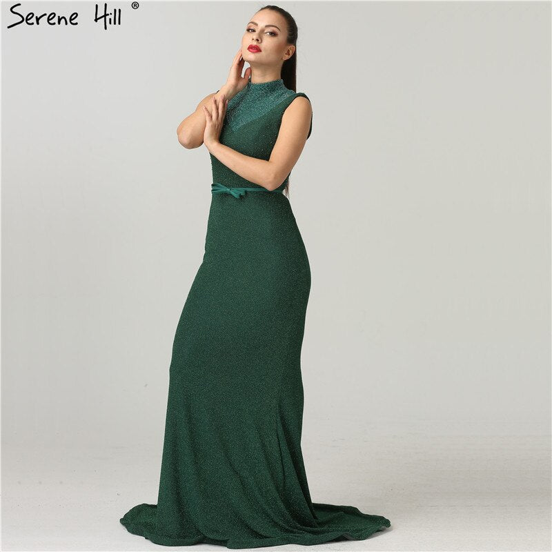On Sale no return no refundSale Newest Designer Green Glitter Evening Dresses Fashion High Collar Sleeveless Mermaid Evening Gowns 2025 New LA6433