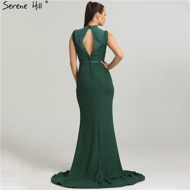 On Sale no return no refundSale Newest Designer Green Glitter Evening Dresses Fashion High Collar Sleeveless Mermaid Evening Gowns 2025 New LA6433