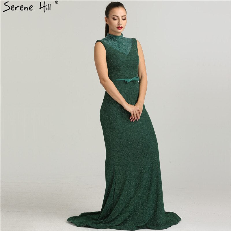 On Sale no return no refundSale Newest Designer Green Glitter Evening Dresses Fashion High Collar Sleeveless Mermaid Evening Gowns 2025 New LA6433