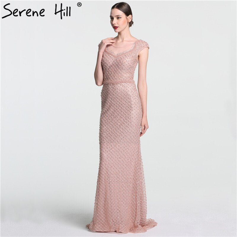 On Sale no return no refundSale Newest Fashion Elegant Mermaid Evening Dresses  Pink Manual Beading Pearls Tulle Evening Gown 2025 Real Photo LA6113