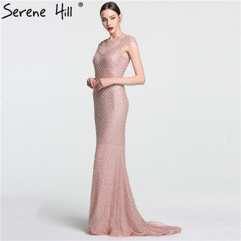 On Sale no return no refundSale Newest Fashion Elegant Mermaid Evening Dresses  Pink Manual Beading Pearls Tulle Evening Gown 2025 Real Photo LA6113