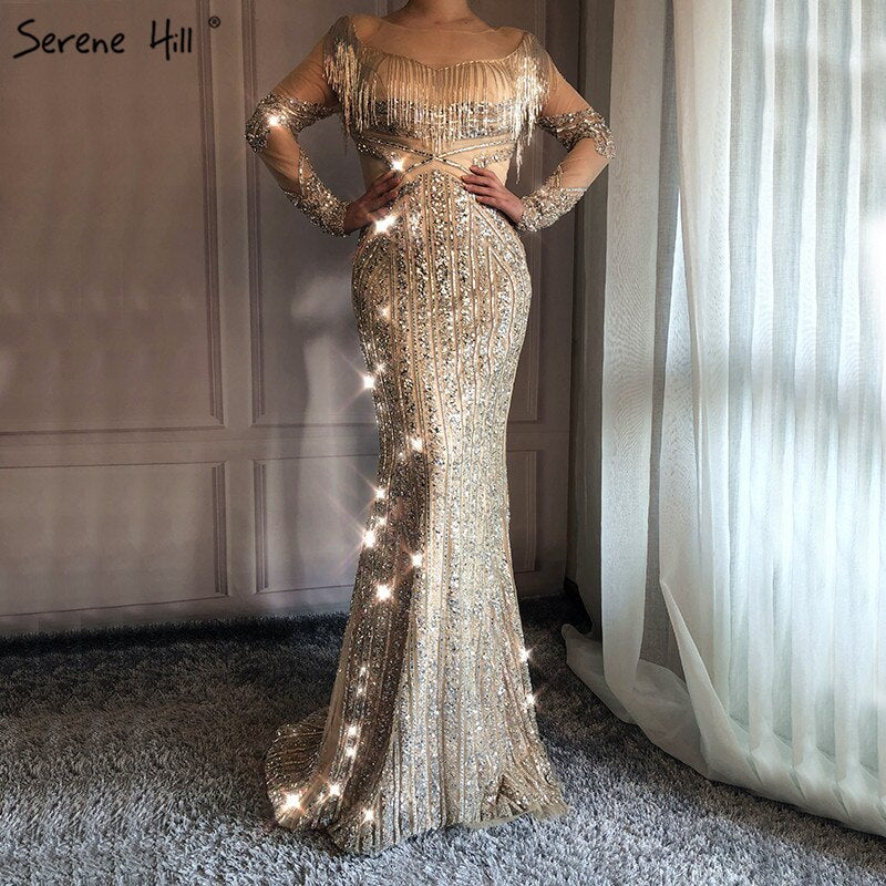 Newest Long Sleeves Luxury Slim Sexy Evening Dresses 2025 Mermaid Tassel Beading High-end Fashion Evening Gowns LA6467