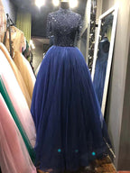 Sale Nude Crystall  A-Line High Neck Tulle Evening Dresses 2025 Beading Tassel Formal Dress Design LA70490
