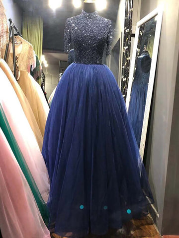 Sale Nude Crystall  A-Line High Neck Tulle Evening Dresses 2025 Beading Tassel Formal Dress Design LA70490