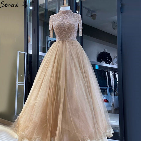 Sale Nude Crystall  A-Line High Neck Tulle Evening Dresses 2025 Beading Tassel Formal Dress Design LA70490