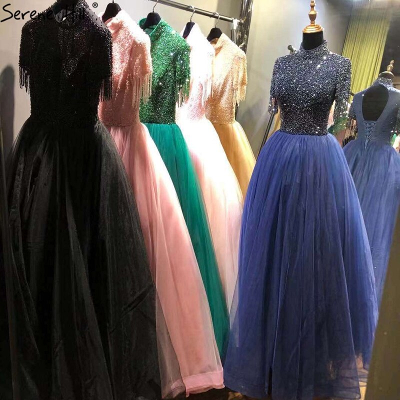 Sale Nude Crystall  A-Line High Neck Tulle Evening Dresses 2025 Beading Tassel Formal Dress Design LA70490