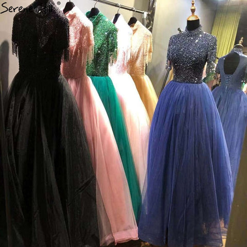 Sale Nude Crystall  A-Line High Neck Tulle Evening Dresses 2025 Beading Tassel Formal Dress Design LA70490