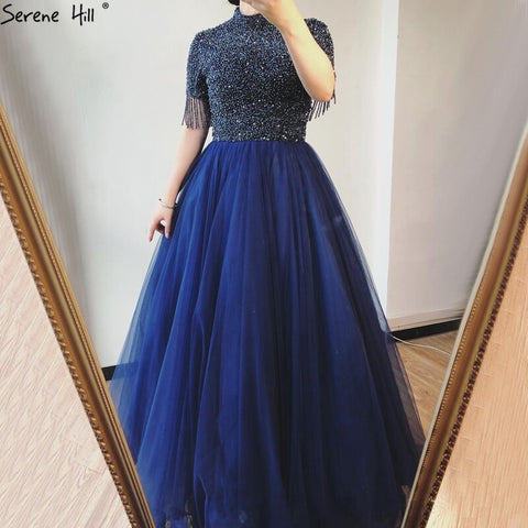 Sale Nude Crystall  A-Line High Neck Tulle Evening Dresses 2025 Beading Tassel Formal Dress Design LA70490