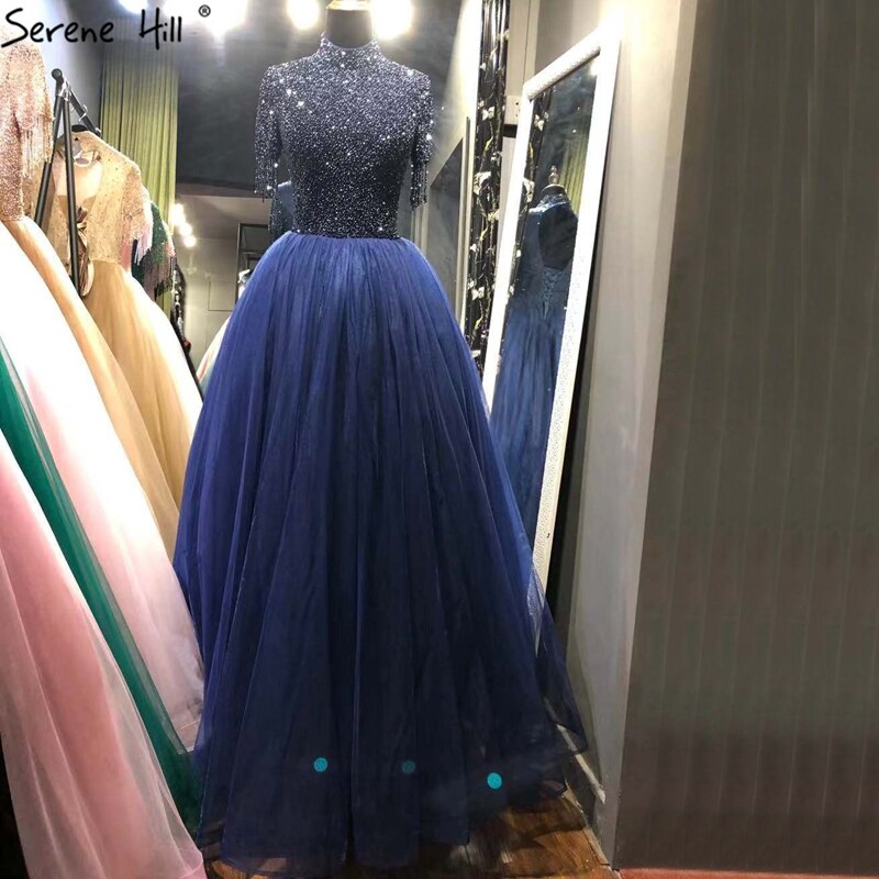 Sale Nude Crystall  A-Line High Neck Tulle Evening Dresses 2025 Beading Tassel Formal Dress Design LA70490