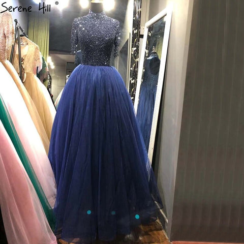 Sale Nude Crystall  A-Line High Neck Tulle Evening Dresses 2025 Beading Tassel Formal Dress Design LA70490