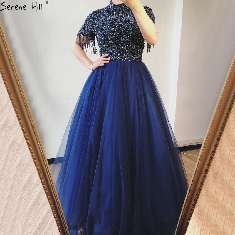 Sale Nude Crystall  A-Line High Neck Tulle Evening Dresses 2025 Beading Tassel Formal Dress Design LA70490