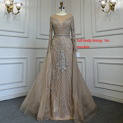 Nude Luxury Muslim Mermaid Evening Dresses Gowns 2025 Beaded Overskirt Elegant For Women Party LA71597