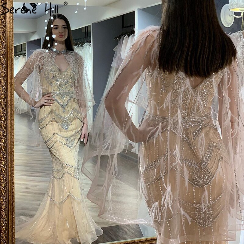 Nude Silver Mermaid V-Neck Sexy Evening Dresses 2025 Sleeveless Feathers Shawl Yarn Diamond Formal Dress LA70171B