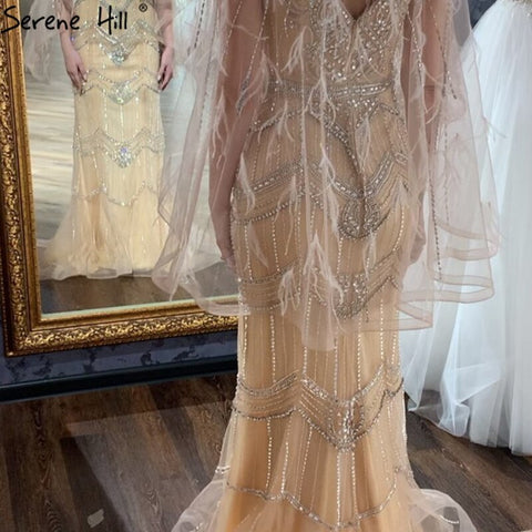 Robe de soirée sexy, couleur chair, argentée, sirène, col en V, sans manches, plumes, châle, fil, diamants, LA70171B 