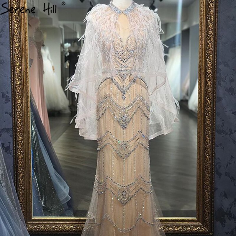 Nude Silver Mermaid V-Neck Sexy Evening Dresses 2025 Sleeveless Feathers Shawl Yarn Diamond Formal Dress LA70171B