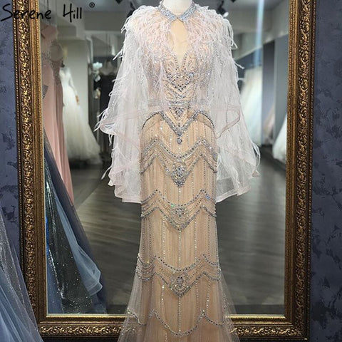 Robe de soirée sexy, couleur chair, argentée, sirène, col en V, sans manches, plumes, châle, fil, diamants, LA70171B 