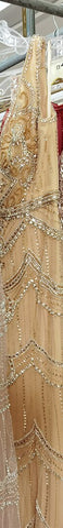 Robe de soirée sexy, couleur chair, argentée, sirène, col en V, sans manches, plumes, châle, fil, diamants, LA70171B 