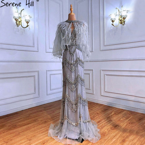 Robe de soirée sexy, couleur chair, argentée, sirène, col en V, sans manches, plumes, châle, fil, diamants, LA70171B 