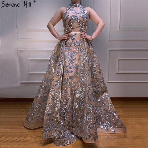 Robe de soirée vintage à paillettes argentées nude, col licou, luxueuse et sexy, sans manches, 2025 LA60877 