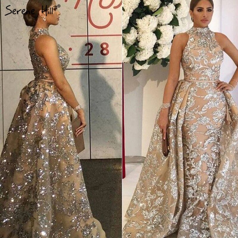 Nude Silver Sequined Sparkle Vintage Evening Dresses Halter Luxury Sexy Sleeveless Evening Gowns 2025 LA60877