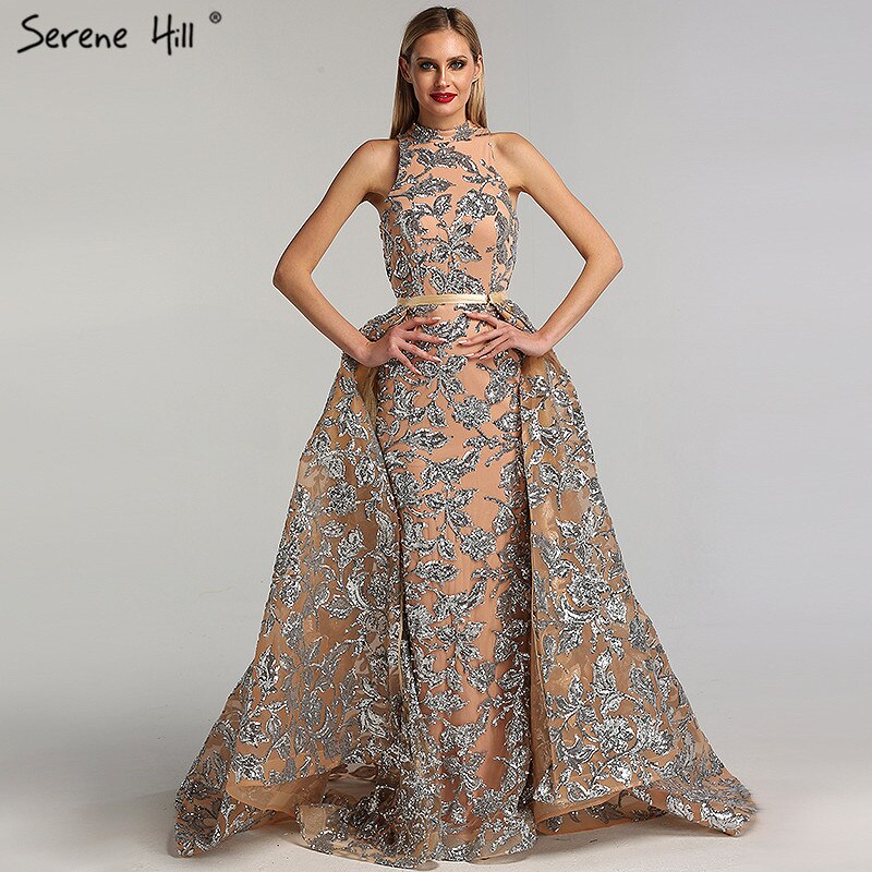 Nude Silver Sequined Sparkle Vintage Evening Dresses Halter Luxury Sexy Sleeveless Evening Gowns 2025 LA60877