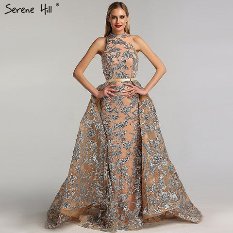 Robe de soirée vintage à paillettes argentées nude, col licou, luxueuse et sexy, sans manches, 2025 LA60877 