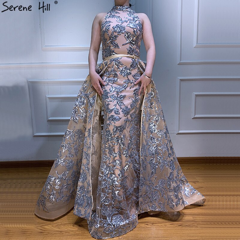 Nude Silver Sequined Sparkle Vintage Evening Dresses Halter Luxury Sexy Sleeveless Evening Gowns 2025 LA60877