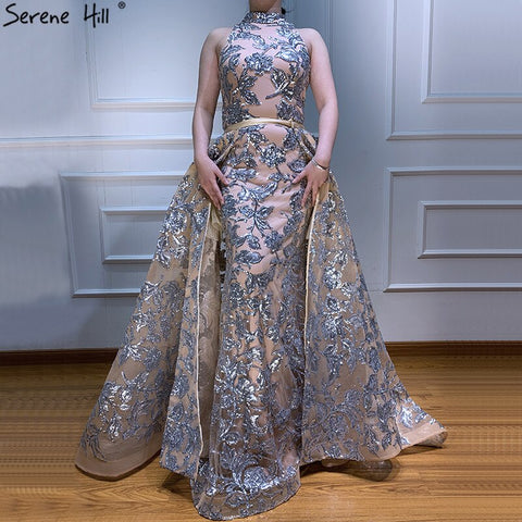 Robe de soirée vintage à paillettes argentées nude, col licou, luxueuse et sexy, sans manches, 2025 LA60877 