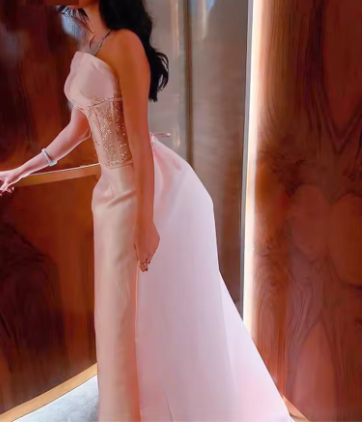 Vestido de noche de fiesta formal de Dubái, estilo corsé, sin tirantes, color rosa bebé, satén, estilo Arabia Saudita, con lentejuelas brillantes (Y4887)