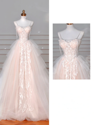 Classy Light Pink Tulle ALine Wedding Dress,Formal Prom Evening Dress Y8623