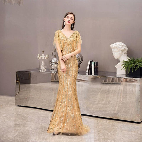 Women's V-Neck Evening Dress Sexy Prom Dresses Beaded Formal Dresses for Women