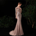 Robe de soirée sirène longue et sexy pour femme, sans manches, avec perles 