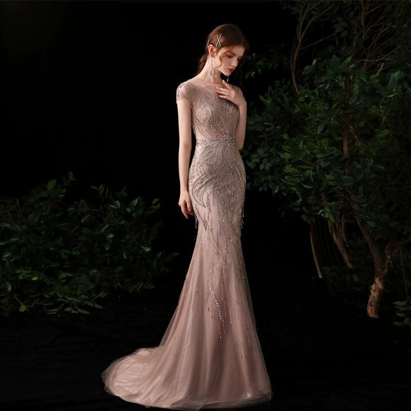 Robe de soirée sirène longue et sexy pour femme, sans manches, avec perles 