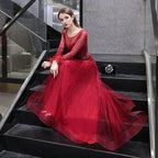 Women's A-Line Evening Dress Sexy Prom Dresses Long Sleeve Beaded V-Neck Formal Dresses