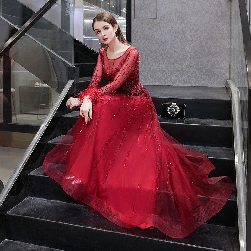 Women's A-Line Evening Dress Sexy Prom Dresses Long Sleeve Beaded V-Neck Formal Dresses
