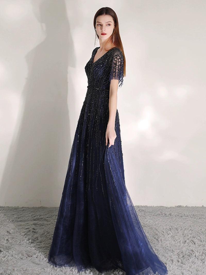 Women's A-Line Evening Dress Beaded Prom Dresses Long V-Neck Formal Dresses for Women